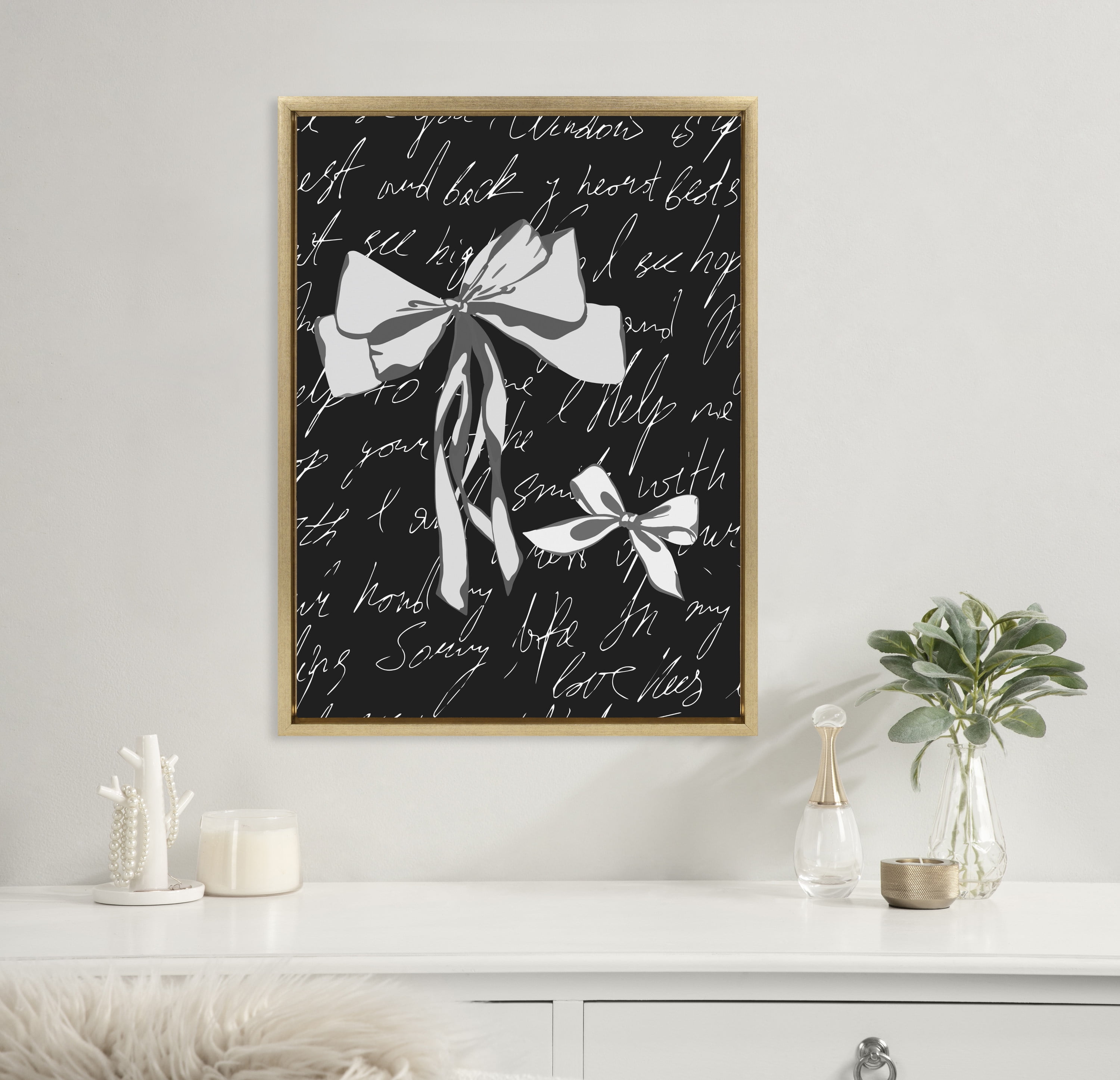 Sylvie Black and White Bow Print on Canvas with Gold Frame