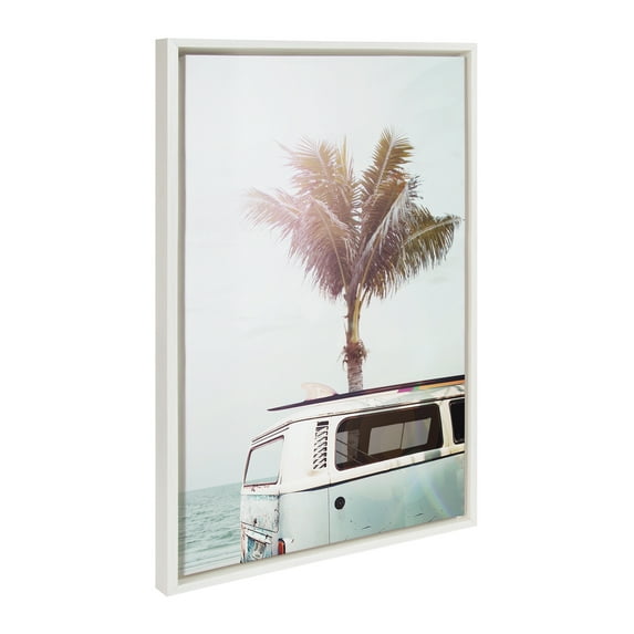 Kate and Laurel Sylvie Blue Beach Van Framed Canvas Wall Art by Amy Peterson Art Studio, 23x33 White, Soft Coastal Ocean Beach Art for Wall