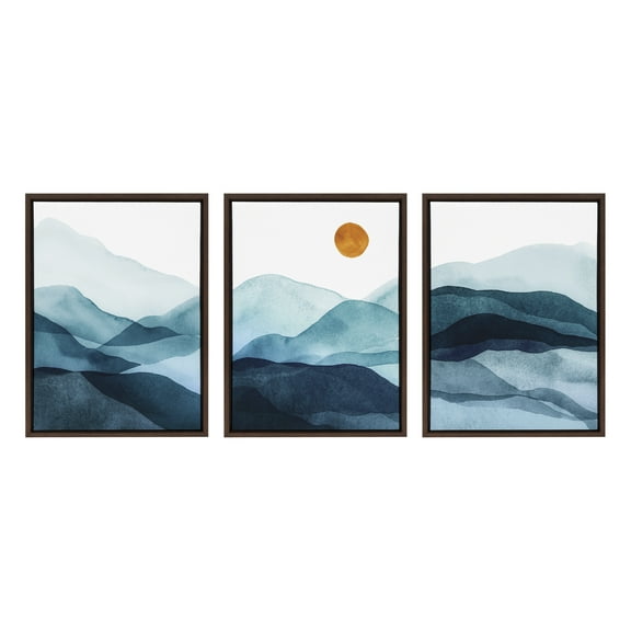 Kate and Laurel Sylvie Blue Mountain Range Framed Canvas Wall Art Set by Amy Lighthall, 3 Piece 18x24 Brown, Decorative Landscape Art Set for Wall