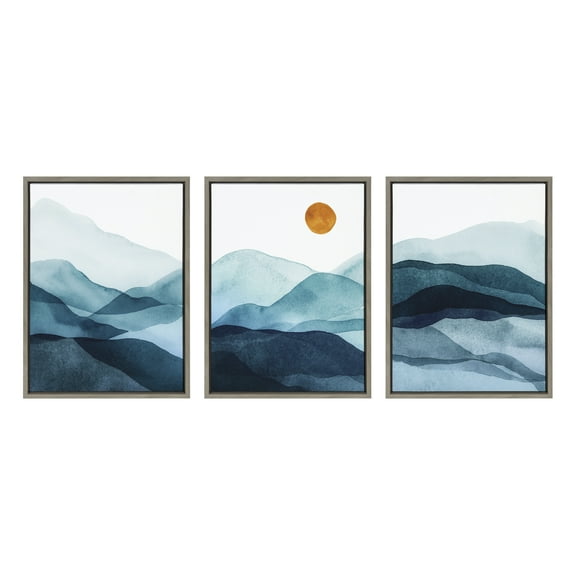 Kate and Laurel Sylvie Blue Mountain Range Framed Canvas Wall Art Set by Amy Lighthall, 3 Piece 18x24 Gray, Decorative Landscape Art Set for Wall