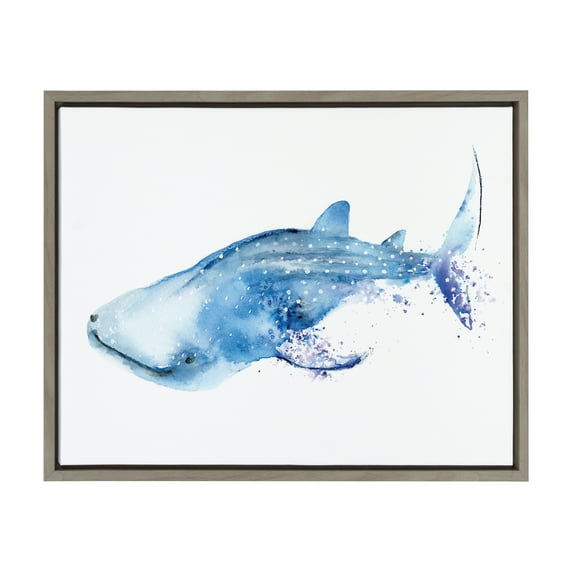 Kate and Laurel Sylvie Blue and White Swimming Whale Shark Framed Watercolor Print on Canvas by Cathy Zhang, 18x24 Gray