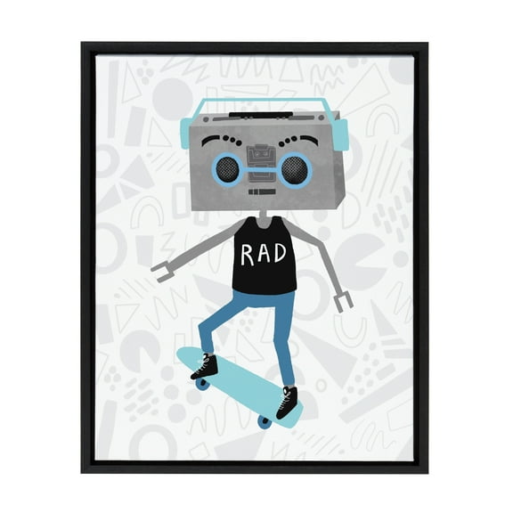 Kate and Laurel Sylvie Boom Box Boy 1 Framed Canvas Wall Art by Molly Fabiano, 18x24 Black, Science Fiction Robot Art for Wall