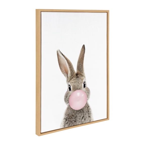 Kate and Laurel Sylvie Bubble Gum Bunny Framed Canvas Wall Art by Amy Peterson Art Studio, 23x33 Natural, Cute Whimsical Animal Art for Wall