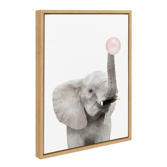 Kate and Laurel Sylvie Bubble Gum Elephant Framed Canvas Wall Art by Amy Peterson Art Studio, 18x24 Natural, Cute Whimsical Animal Art for Wall