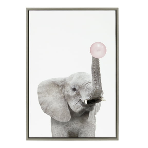 Kate and Laurel Sylvie Bubble Gum Elephant Framed Canvas Wall Art by Amy Peterson Art Studio, 23x33 Gray, Decorative Zoo Animal Art for Wall