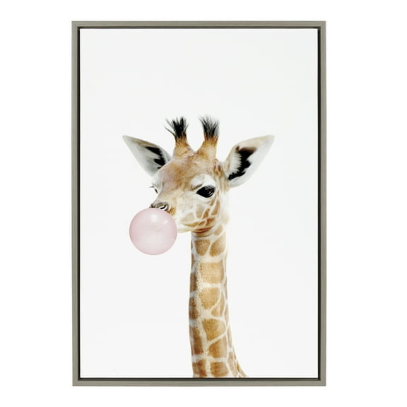 Kate and Laurel Sylvie Bubble Gum Giraffe Framed Canvas Wall Art by Amy Peterson Art Studio, 23x33 Gray, Decorative Zoo Animal Art for Wall