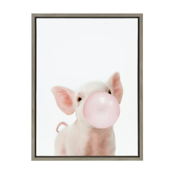 Kate and Laurel Sylvie Bubble Gum Piglet Framed Canvas Wall Art by Amy Peterson Art Studio, 18x24 Gray, Decorative Farm Animal Art for Wall