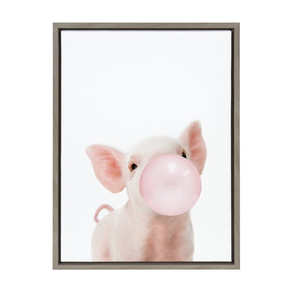 Kate and Laurel Sylvie Bubble Gum Piglet Framed Canvas Wall Art by Amy Peterson Art Studio, 18x24 Gray, Decorative Farm Animal Art for Wall