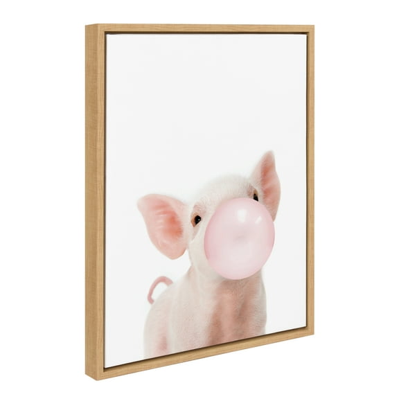 Kate and Laurel Sylvie Bubble Gum Piglet Framed Canvas Wall Art by Amy Peterson Art Studio, 18x24 Natural, Cute Whimsical Animal Art for Wall