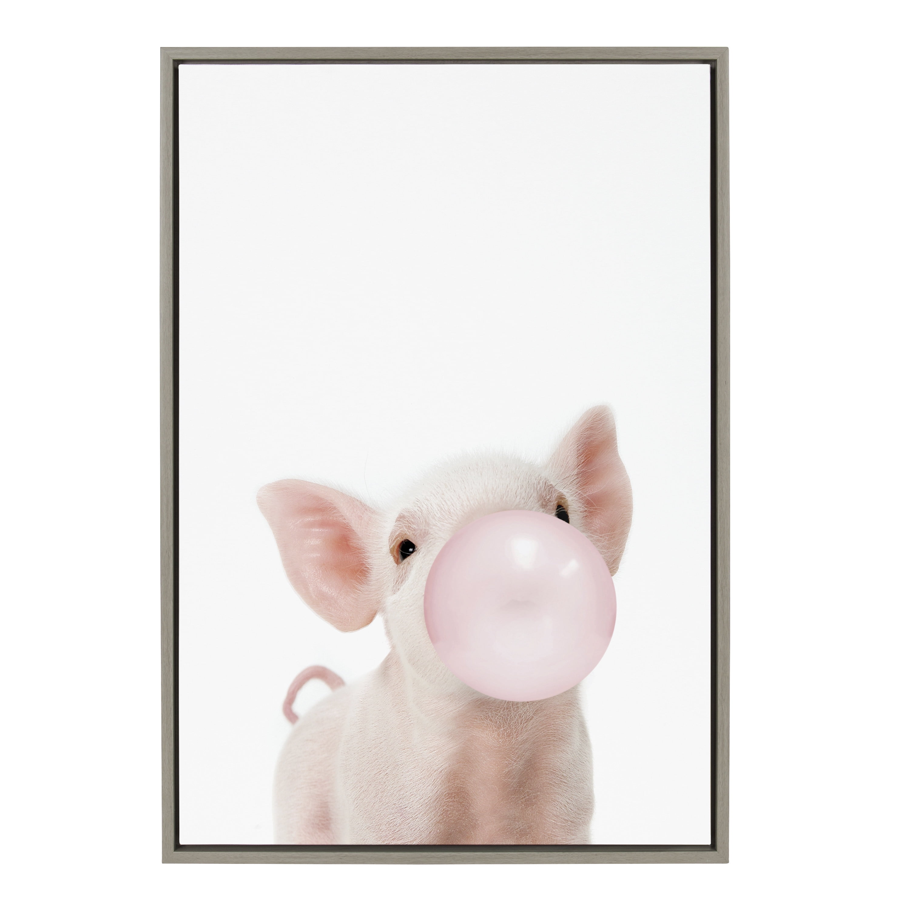 Kate and Laurel Sylvie Bubble Gum Piglet Framed Canvas Wall Art by Amy Peterson Art Studio, 23x33 Gray, Decorative Farm Animal Art for Wall