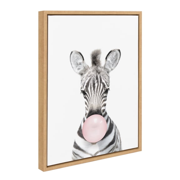 Kate and Laurel Sylvie Bubble Gum Zebra Framed Canvas Wall Art by Amy Peterson Art Studio, 18x24 Natural, Cute Whimsical Animal Art for Wall