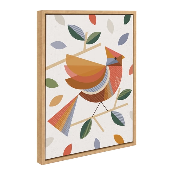 Kate and Laurel Sylvie Cardinal with Fall Leaves Framed Canvas Wall Art by Carey Copeland, 18x24 Natural, MId-Century Fall Colors Animal Decor