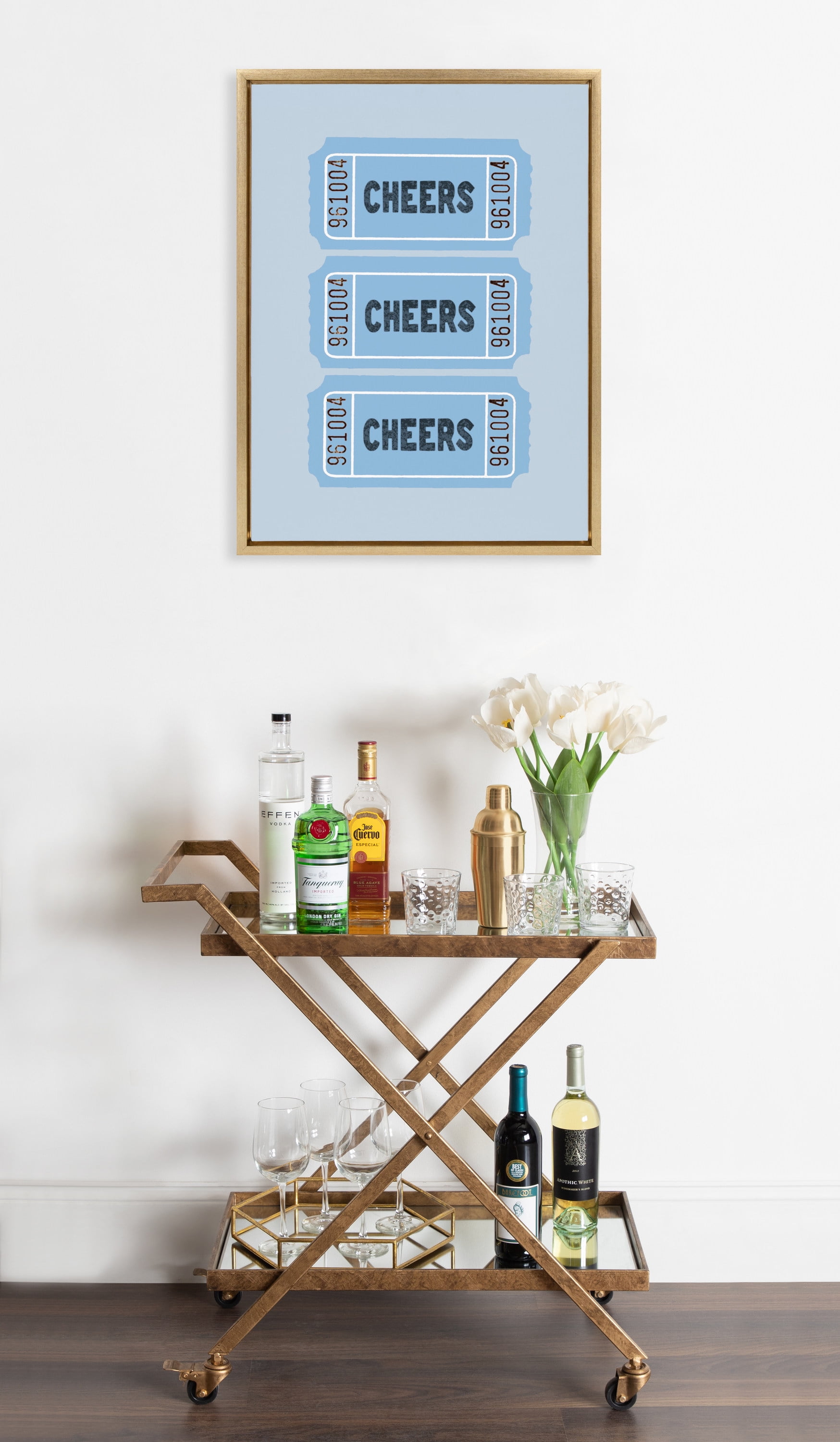 Cheers Blue Ticket Print on Canvas with Gold Frame