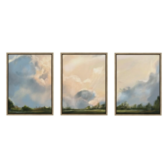 Kate and Laurel Sylvie Clouds Triptych Framed Canvas Wall Art Set by Mary Sparrow, 3 Piece Set Gold, Nature Landscape Sky Art Set for Wall