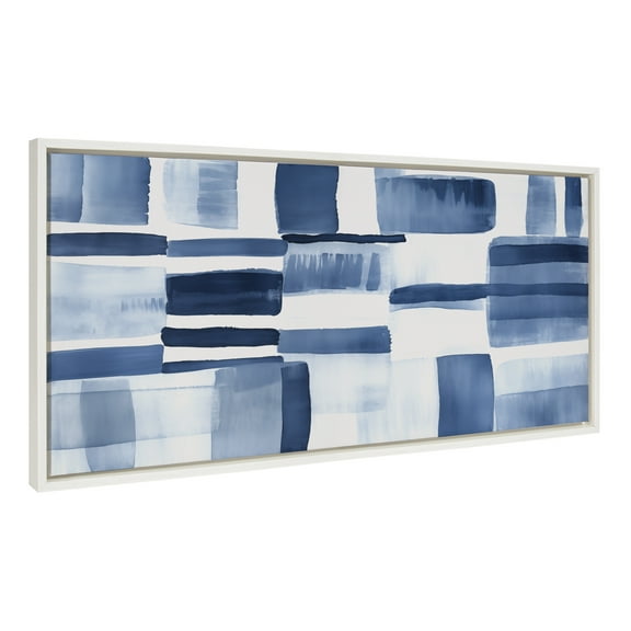 Kate and Laurel Sylvie Coastal Abstract Framed Canvas Wall Art by Amy Lighthall, 18x40 White, Modern Abstract Blue Art for Wall