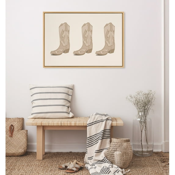 Kate and Laurel Sylvie Cowboy Boots Landscape Framed Canvas Wall Art by Honey Island Studio, 23x33 Natural, Cute Western Art for Wall