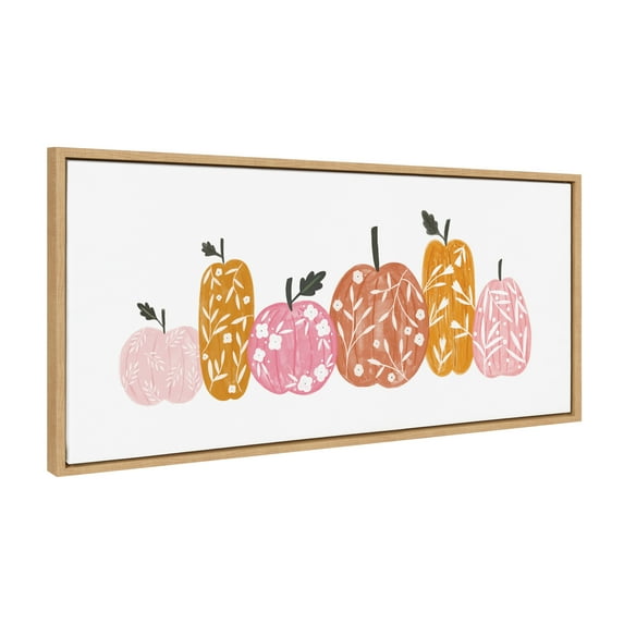 Kate and Laurel Sylvie Crafted Pumpkins Framed Canvas Wall Art by Duchess Plum, 18x40 Natural, Cute Fall Pumpkin Art for Wall