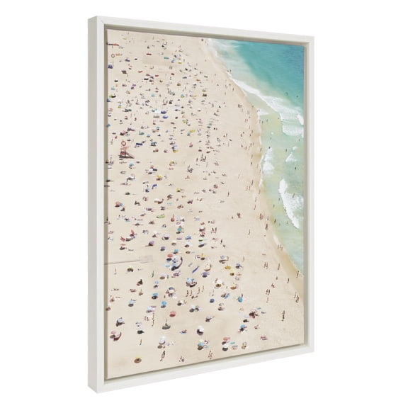 Kate and Laurel Sylvie Crowded Beach from Above Framed Canvas Wall Art by Amy Peterson Art Studio, 18x24 White, Coastal Beach Landscape Art for Wall