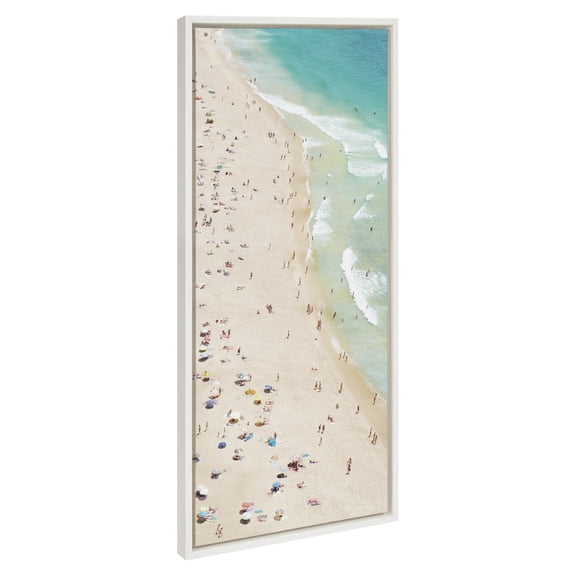 Kate and Laurel Sylvie Crowded Beach from Above Framed Canvas Wall Art by Amy Peterson Art Studio, 18x40 White, Coastal Beach Landscape Art for Wall