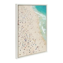Kate and Laurel Sylvie Crowded Beach from Above Framed Canvas Wall Art by Amy Peterson Art Studio, 23x33 White, Coastal Beach Landscape Art for Wall
