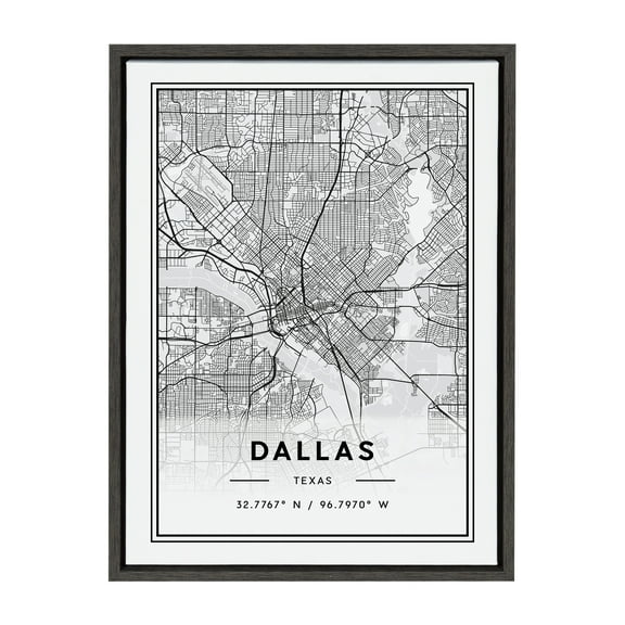 Kate and Laurel Sylvie Dallas Modern Map Framed Canvas Wall Art by Jake Goossen, 18x24 Gray, Decorative Map Art for Wall