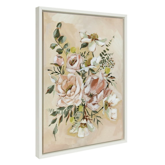 Kate and Laurel Sylvie Day 22 Framed Canvas Wall Art by Annie Quigley, 18x24 White, Soft Botanical Flower Bouquet Art for Wall Home Decor