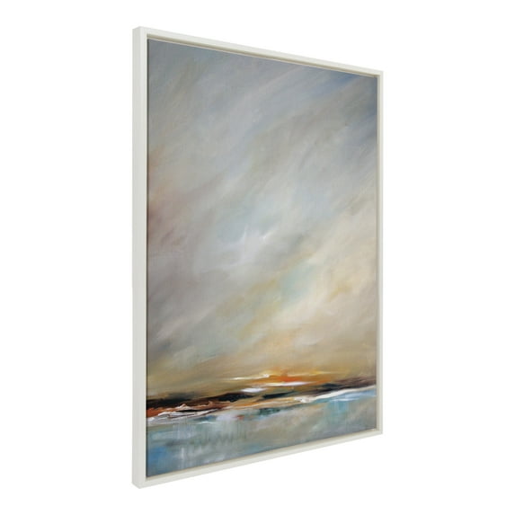 Kate and Laurel Sylvie Day's End Framed Canvas Wall Art by Mary Sparrow, 28x38 White, Ocean Beach Sunset Landscape Coastal Art for Wall