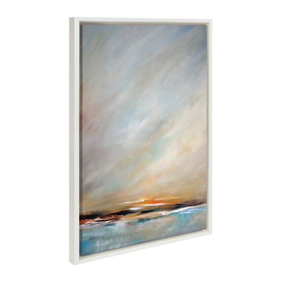 Kate and Laurel Sylvie Days End Framed Canvas Wall Art by Mary Sparrow, 23x33 White, Ocean Beach Sunset Landscape Coastal Art for Wall