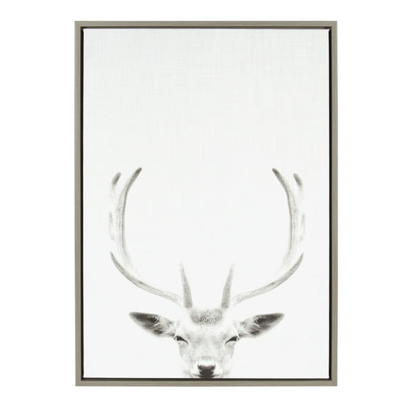 Kate and Laurel Sylvie Deer with Antlers Black and White Portrait Framed Canvas Wall Art by Simon Te Tai, 23x33 Gray