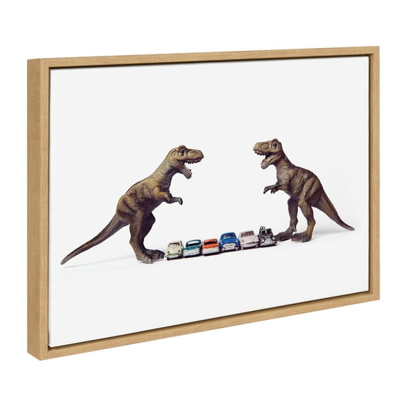 Kate and Laurel Sylvie Dino Cars Faceoff Framed Canvas Wall Art by Saint and Sailor Studios, 18x24 Natural, Modern Colorful Car Toys Art for Wall