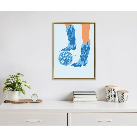 Kate and Laurel Sylvie Disco Cowgirl Blue Framed Canvas Wall Art by Honey Island Studio, 18x24 Bright Gold, Cowgirl Boots Art for Wall