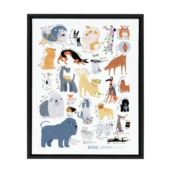 Kate and Laurel Sylvie Dog Alphabet Art Framed Canvas Wall Decor by Lida Larina, 18x24 Black