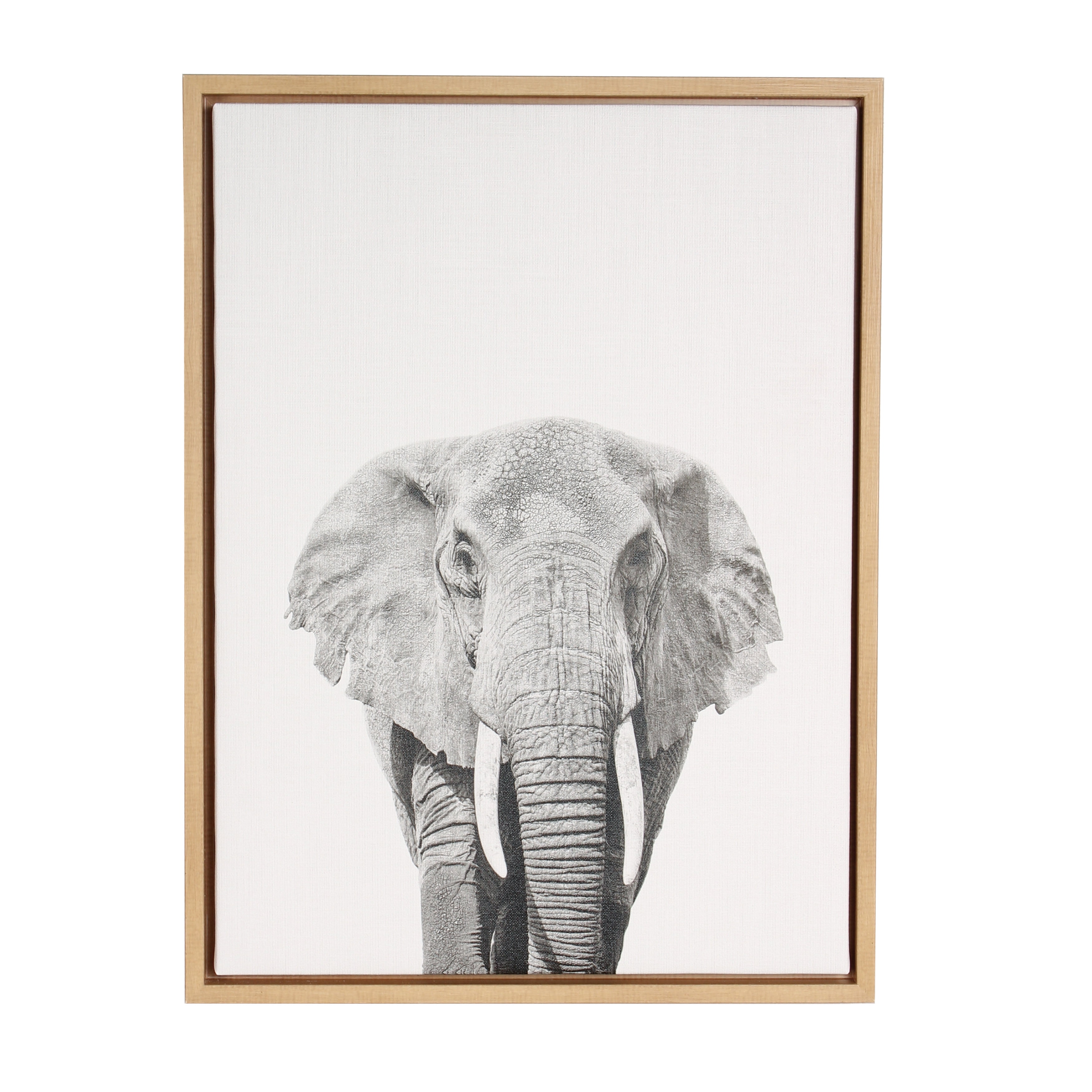 Natural Wood Framed Black and White Elephant Canvas Art for Kids