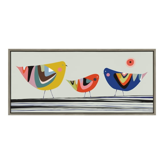 Kate and Laurel Sylvie Family Tree 3 Birds Framed Canvas Wall Art by Rachel Lee of My Dream Wall, 18x40 Gray, Adorable Block Print Bird Art for Wall