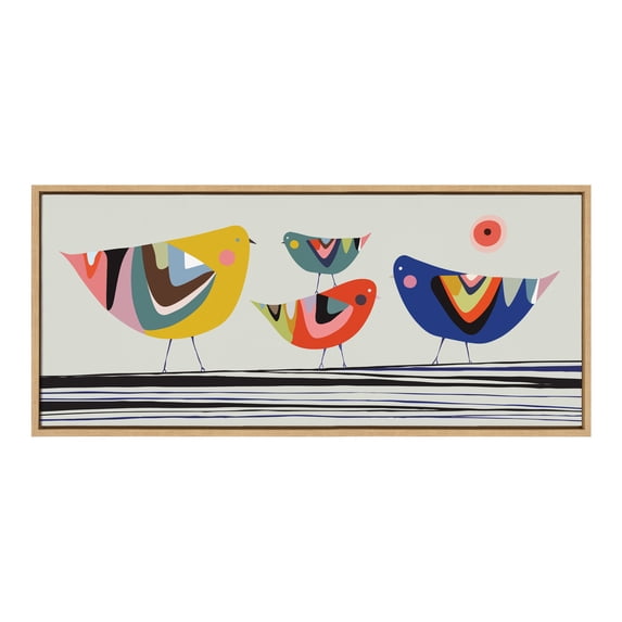 Kate and Laurel Sylvie Family Tree 4 Birds Framed Canvas Wall Art by Rachel Lee of My Dream Wall, 18x40 Natural, Mid-Century Modern Wall Décor