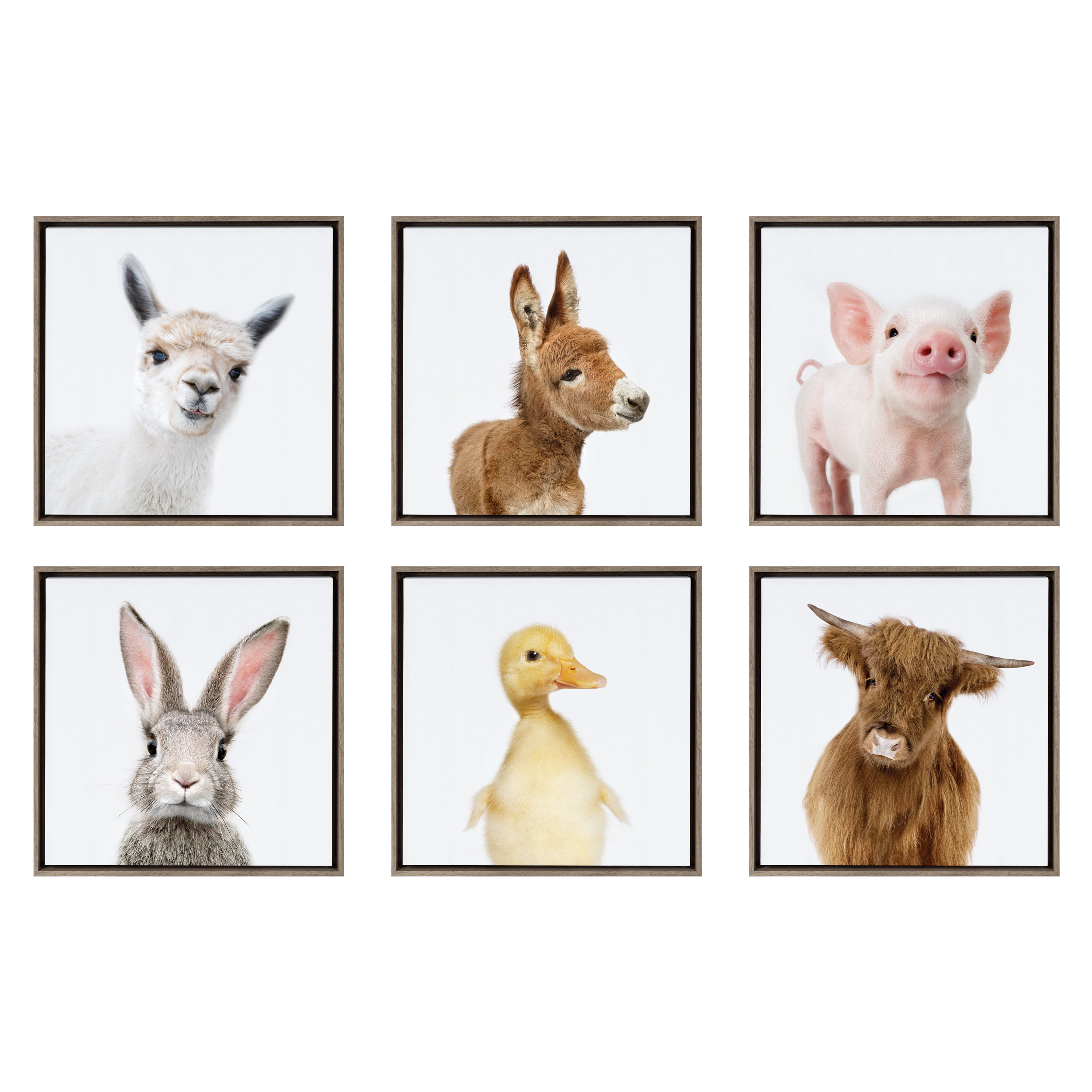 Kate and Laurel Sylvie Farm Animal Collection Framed Canvas Wall Art by Amy  Peterson Art Studio, Set of 6, 13x13 Gray, Decorative Animal Art for Wall 