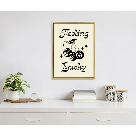 Kate and Laurel Sylvie Feeling Lucky Cherries Framed Canvas Wall Art by Alli Standefer, 18x24 Bright Gold, Cute Glam Cherry Art for Wall