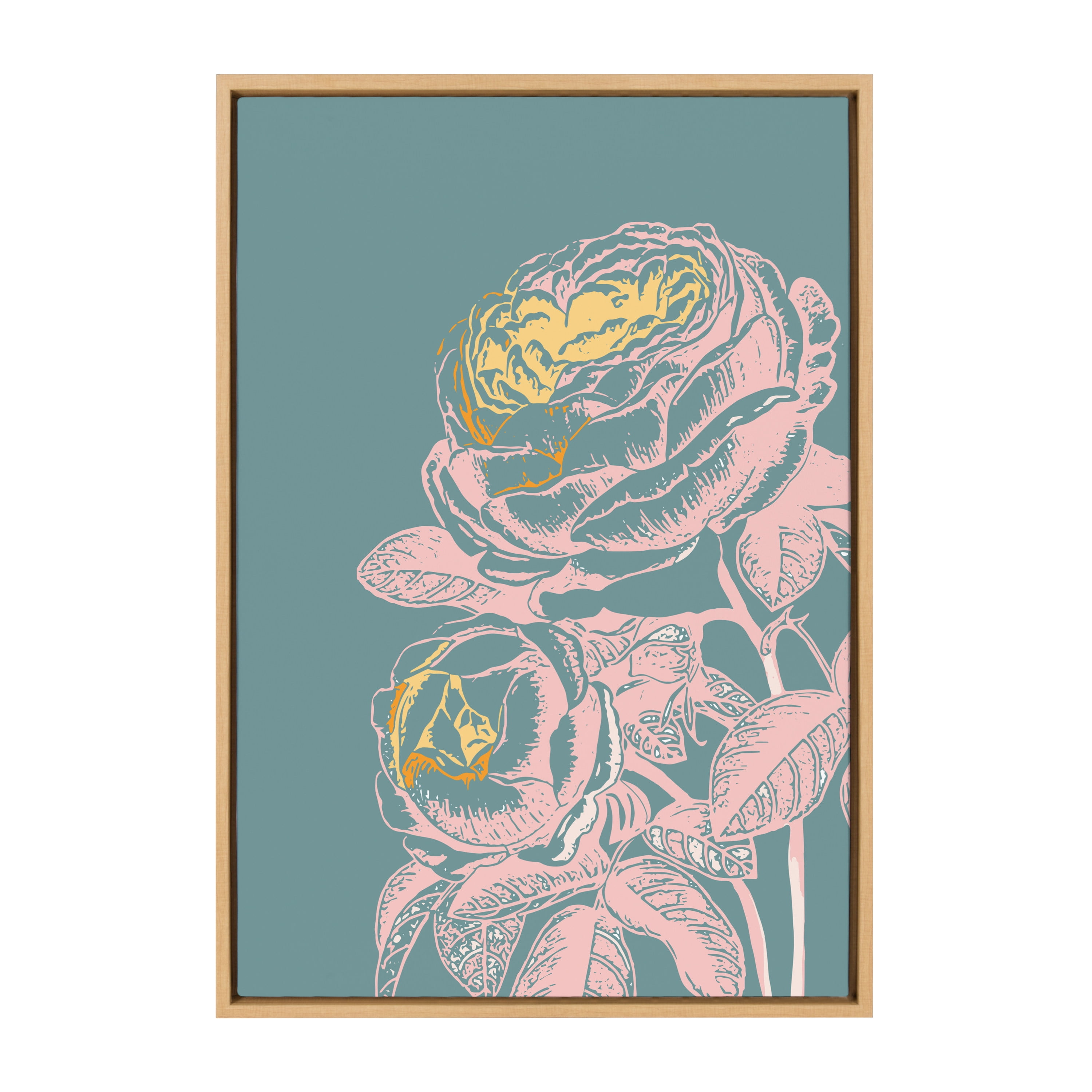 Teal and Pink Floral Print on Canvas with Natural Frame