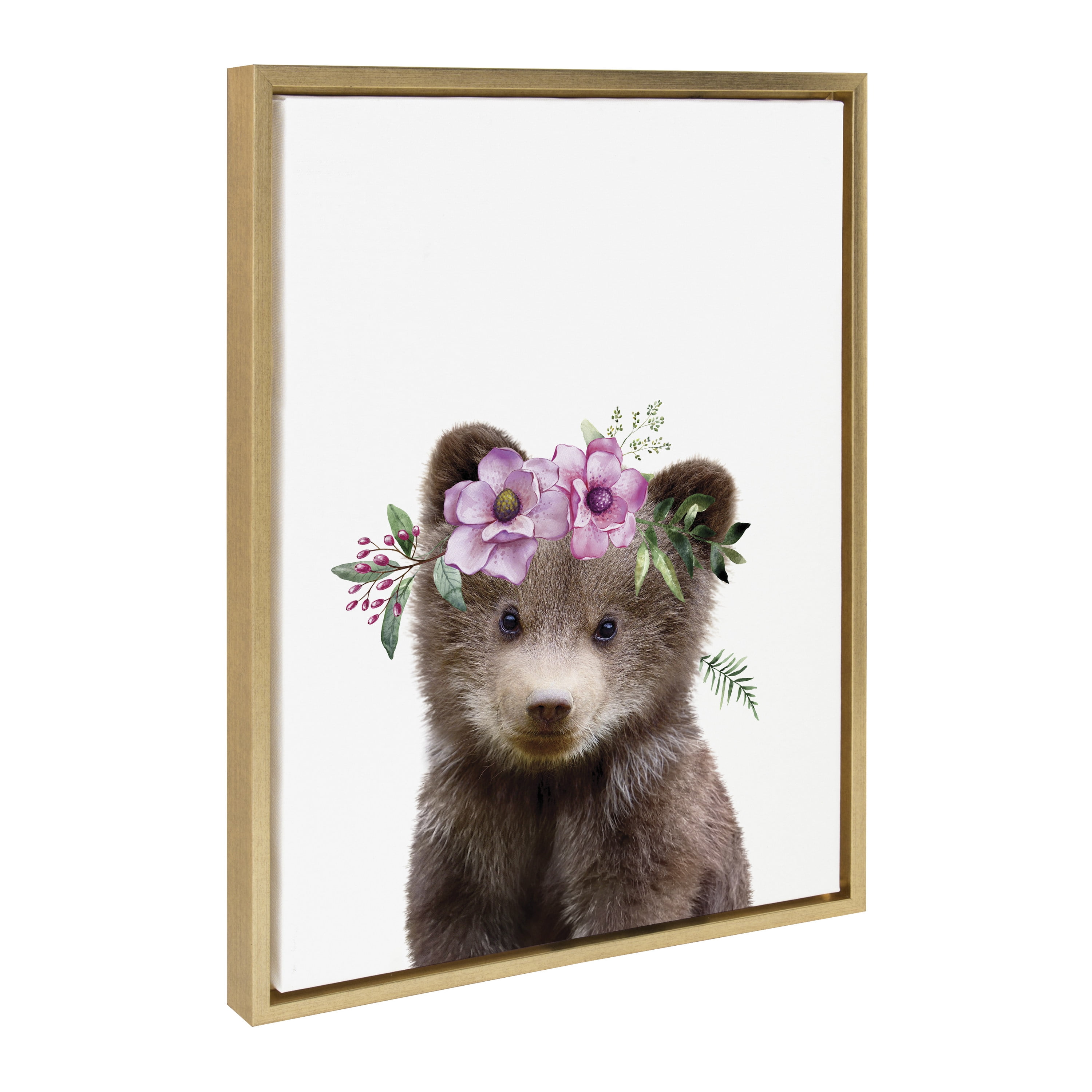 Bright Gold Framed Canvas Print of Flower Crown Bear for Nursery