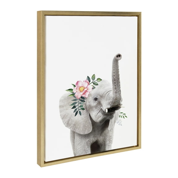 Kate and Laurel Sylvie Flower Crown Elephant Framed Canvas Wall Art by Amy Peterson Art Studio, 18x24 Bright Gold, Cute Animal Art for Wall Decor
