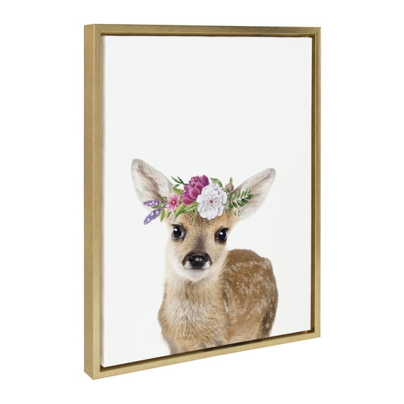 Kate and Laurel Sylvie Flower Crown Fawn Framed Canvas Wall Art by Amy Peterson Art Studio, 18x24 Bright Gold, Cute Animal Art for Wall Decor