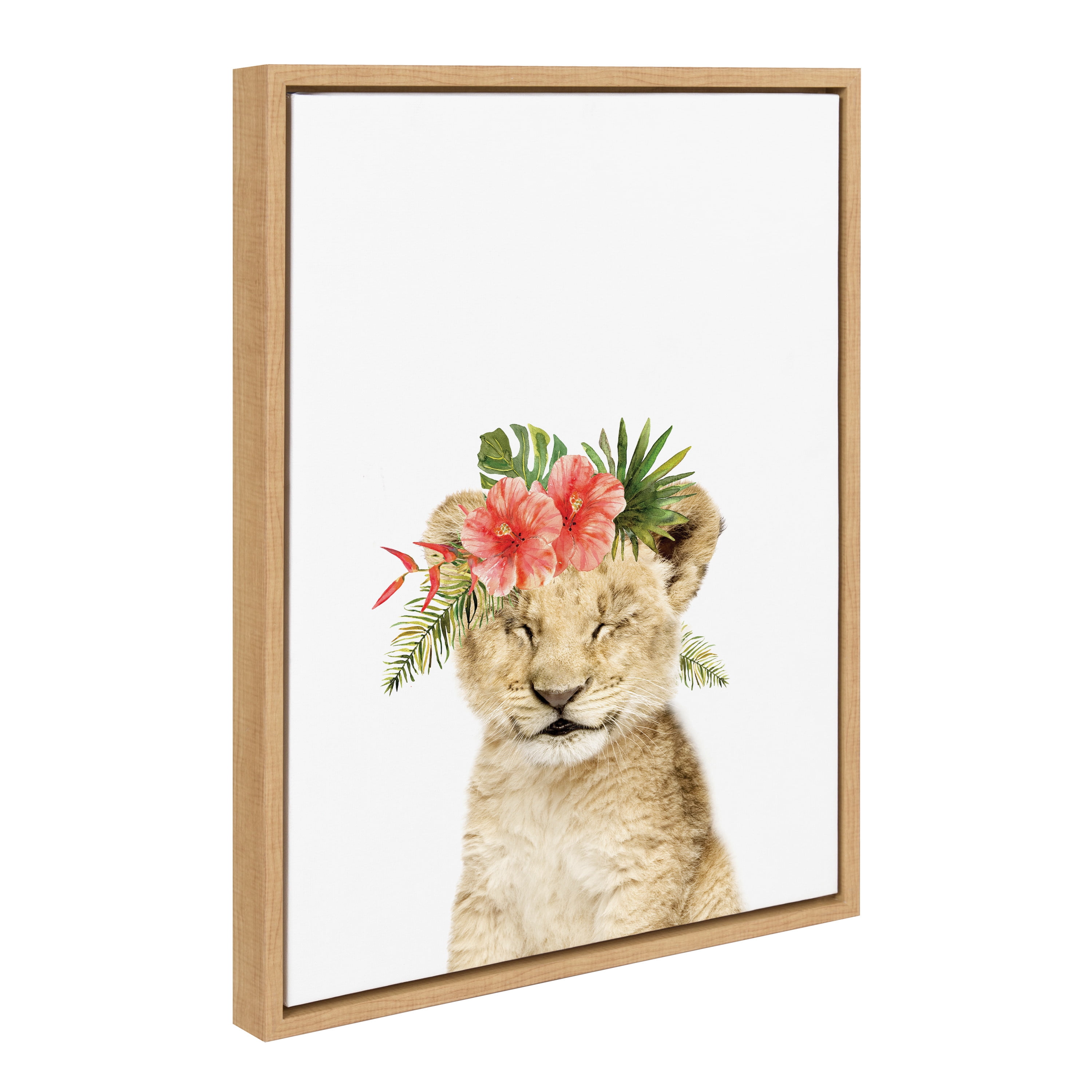Natural Wood Framed Flower Crown Lion Cub Canvas Art