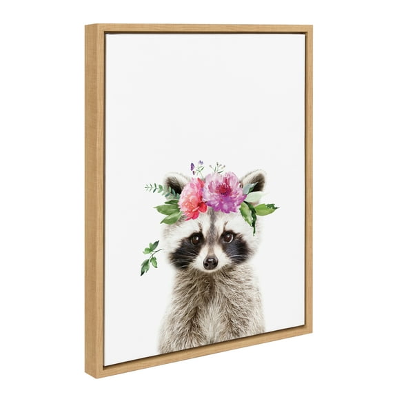Kate and Laurel Sylvie Flower Crown Raccoon Framed Canvas Wall Art by Amy Peterson Art Studio, 18x24 Natural, Cute Animal Art for Wall Decor