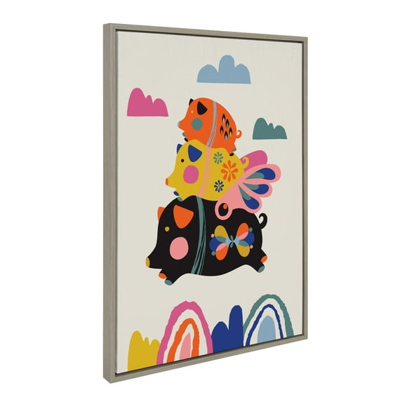 Kate and Laurel Sylvie Flying Pigs Framed Canvas Wall Art by Rachel Lee of My Dream Wall, 23x33 Gray, Colorful Abstract Animal Nursery Art for Wall