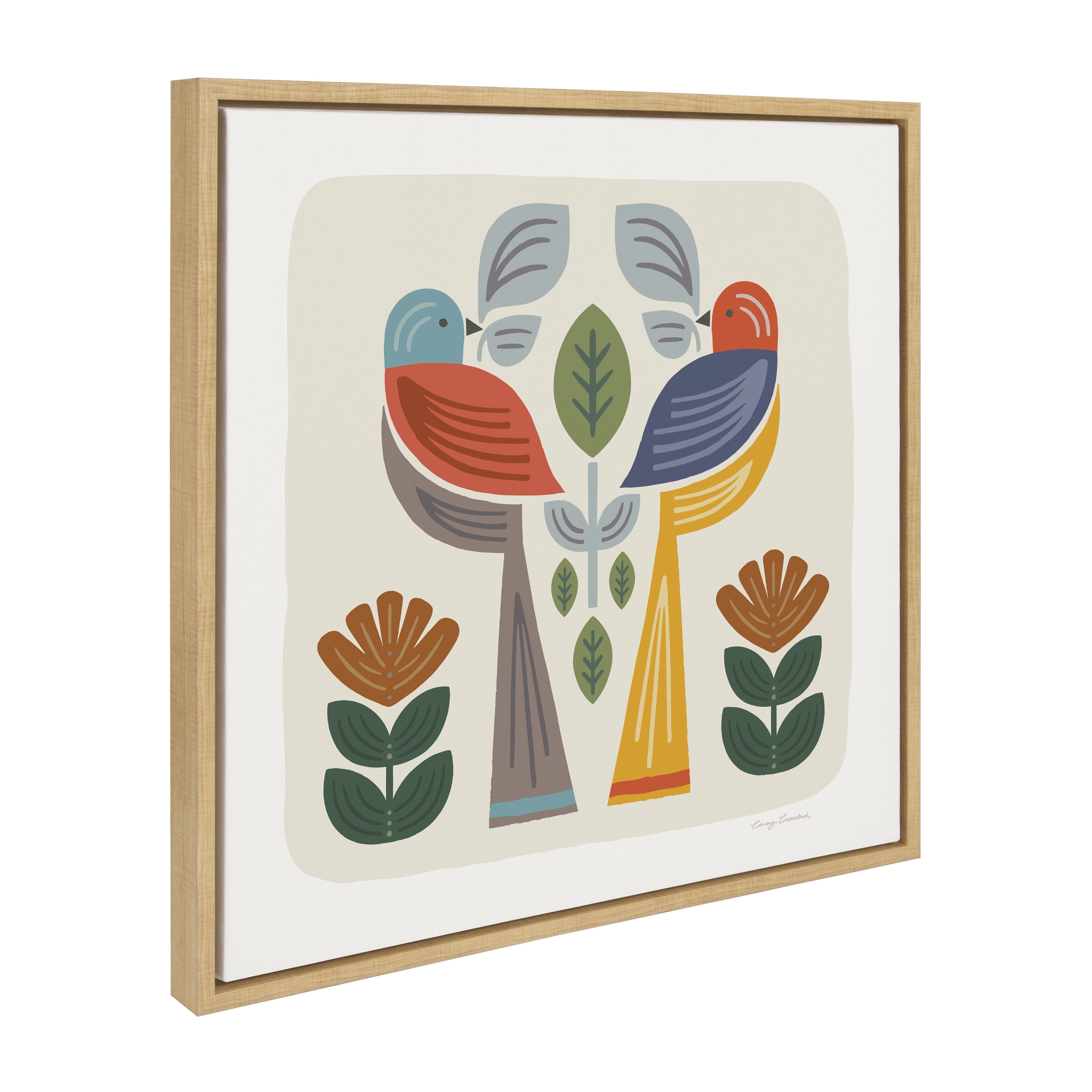 22"x22" Natural Mid-Century Colorful Bird Canvas Wall Art