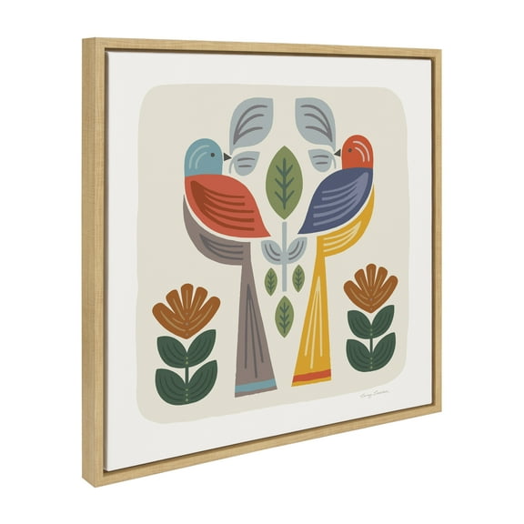 Kate and Laurel Sylvie Folk Birds Harvest Framed Canvas Wall Art by Carey Copeland, 22x22 Natural, Mid-Century Colorful Bird Wall Decor
