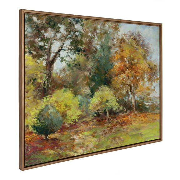 Kate and Laurel Sylvie Forest Walking as the Leaves Fall Framed Canvas Wall Art by Nel Whatmore, 28x38 Gold, Soft Fall Nature Landscape Art for Wall