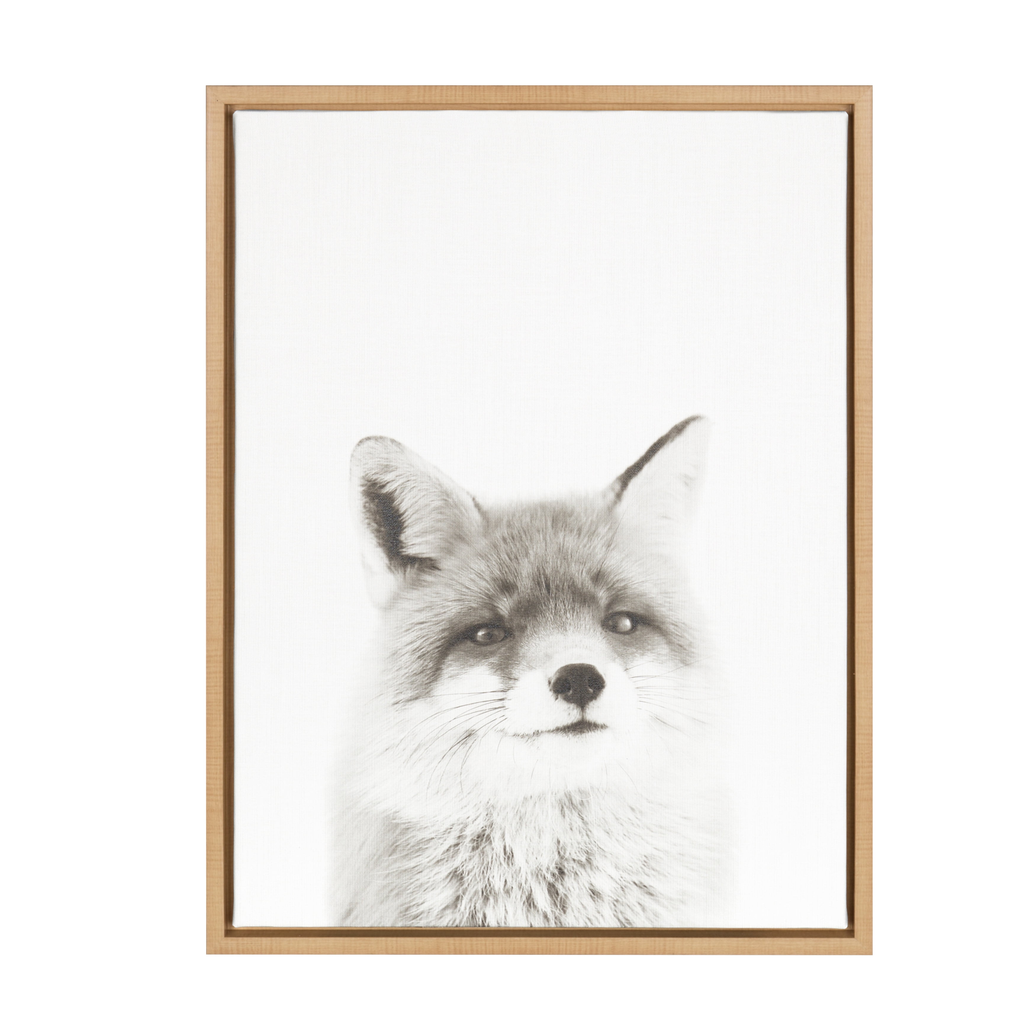 Natural Framed Black and White Fox Canvas Print for Kids