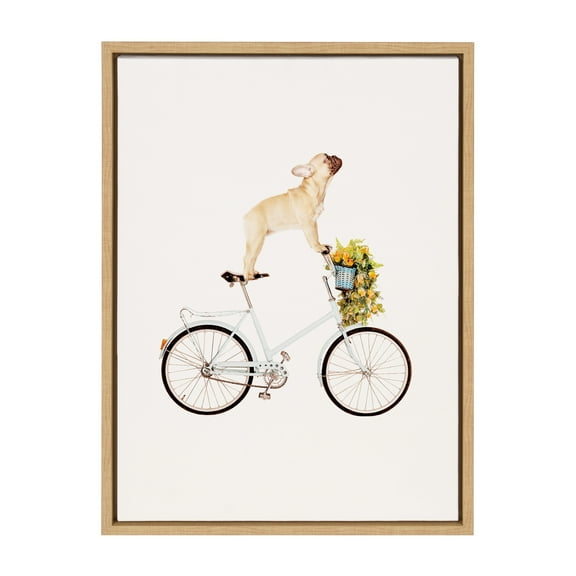Kate and Laurel Sylvie Frenchie Bulldog Framed Canvas Wall Art By Amy Peterson, 18x24 Natural, Adorable Whimsical Dog Decor