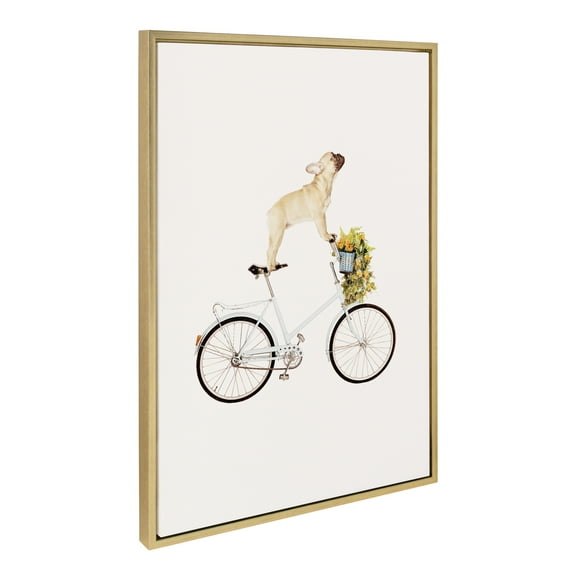 Kate and Laurel Sylvie Frenchie Bulldog on a Bicycle Framed Canvas Wall Art by Amy Peterson Art Studio, 23x33 Gold, Whimsical Animal Dog Art for Wall